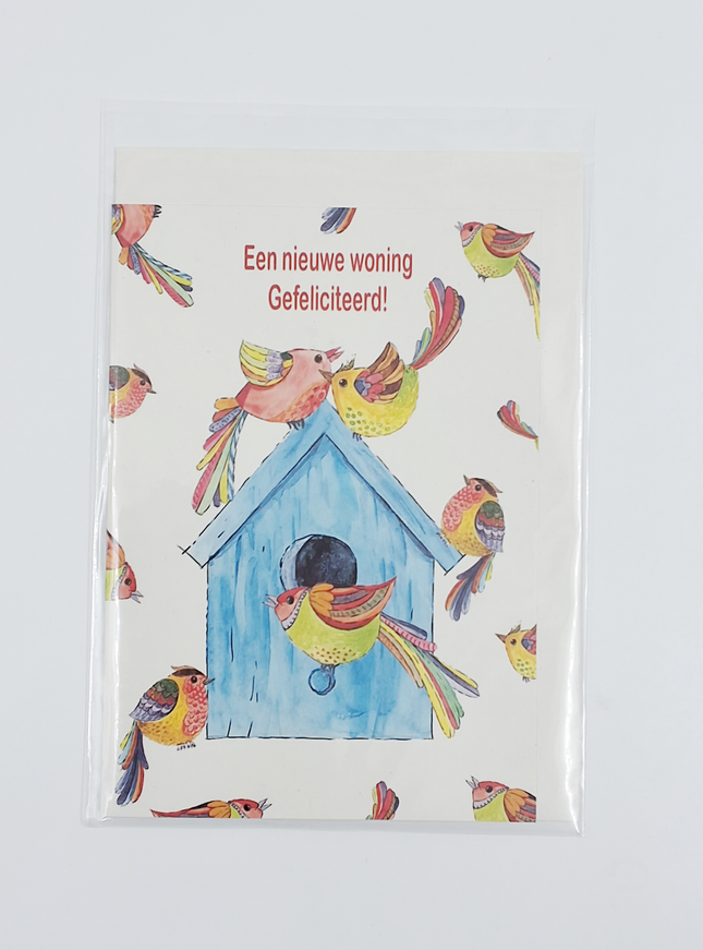 Wenskaart vogelhuis vogels, nieuwe woning (F12699)
