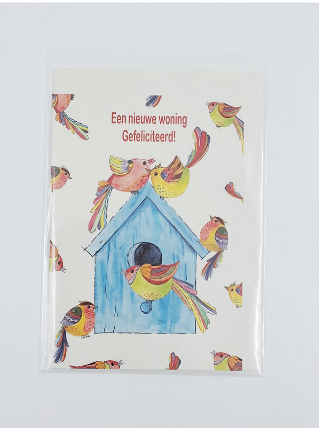 Wenskaart vogelhuis vogels, nieuwe woning (F12699)
