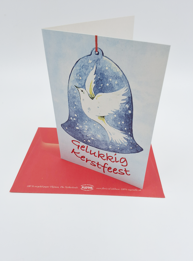 Wenskaart duif in kerstklok "gelukkige kerst" (F12860)