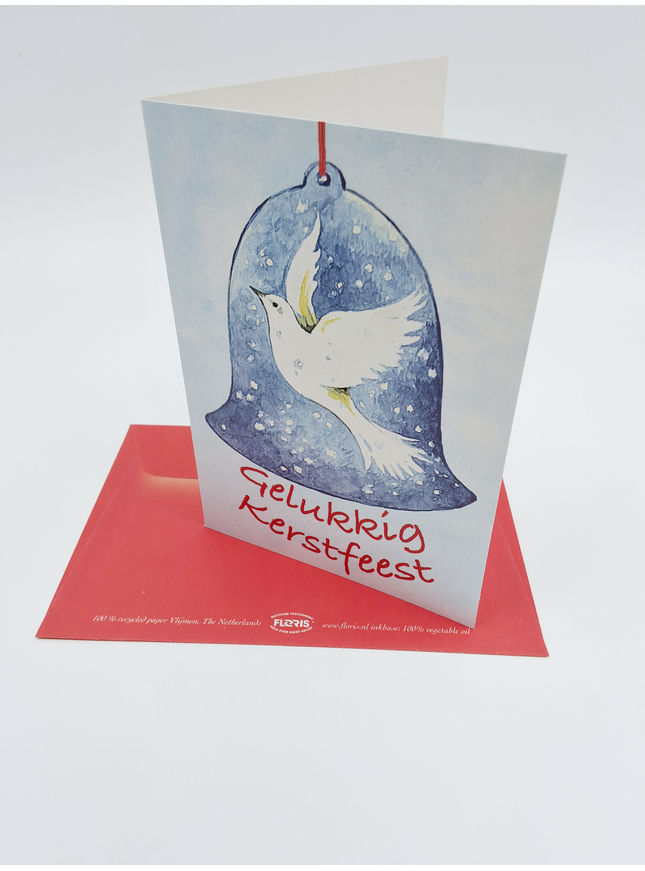 Wenskaart duif in kerstklok "gelukkige kerst" (F12860)
