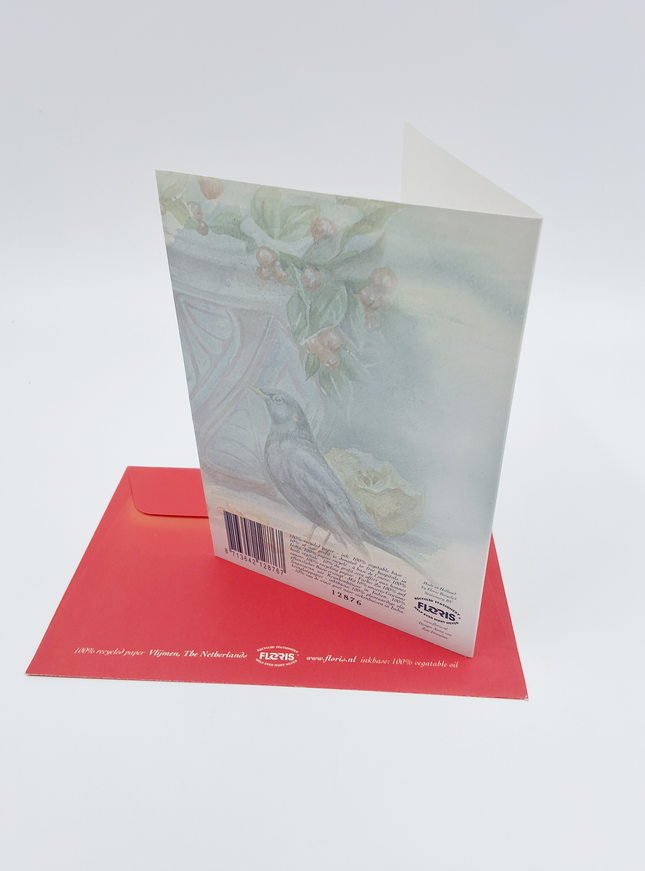 Wenskaart bloempot in sneeuw met merels (F12876)