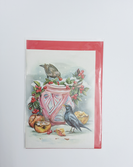 Wenskaart bloempot in sneeuw met merels (F12876)