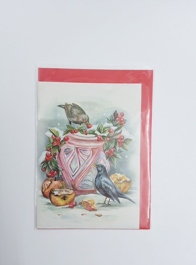 Wenskaart bloempot in sneeuw met merels (F12876)