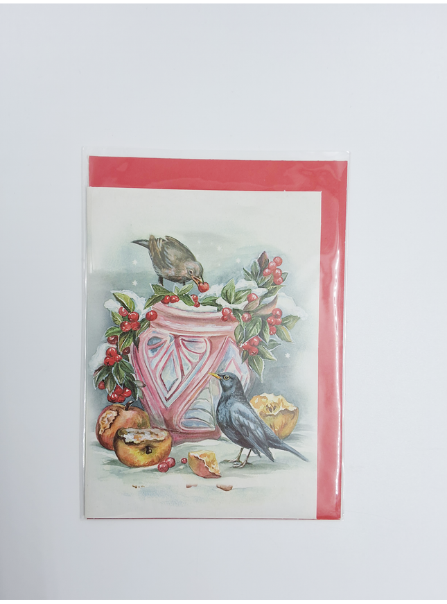 Wenskaart bloempot in sneeuw met merels (F12876)