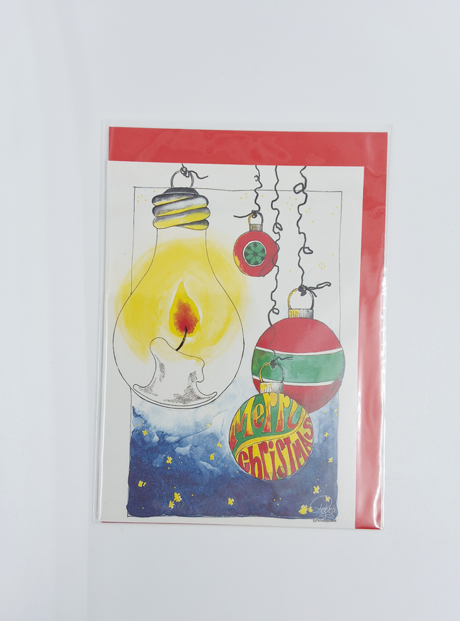 Wenskaart gloeilamp kerstballen "Merry Christmas" (F12998)
