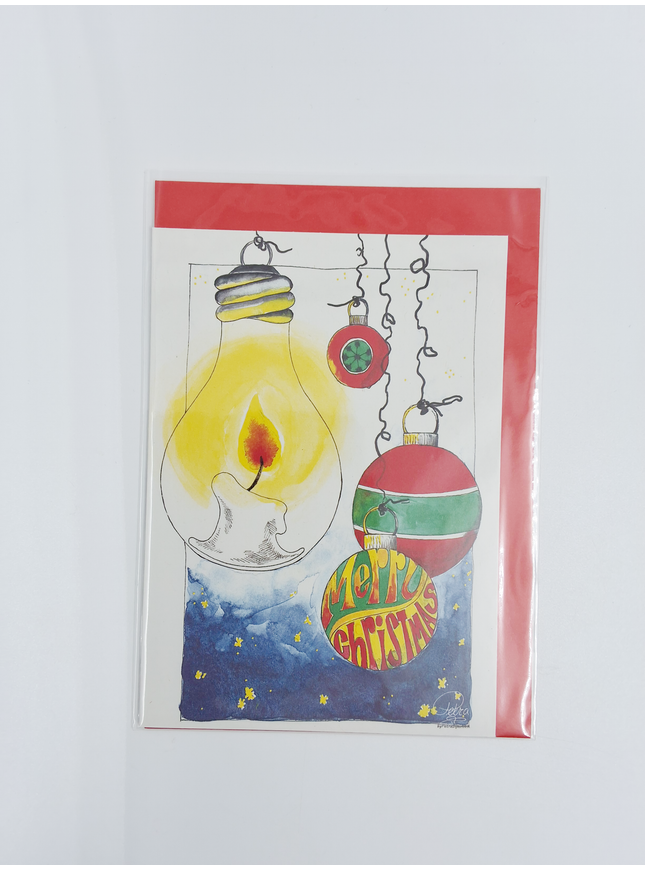 Wenskaart gloeilamp kerstballen "Merry Christmas" (F12998)