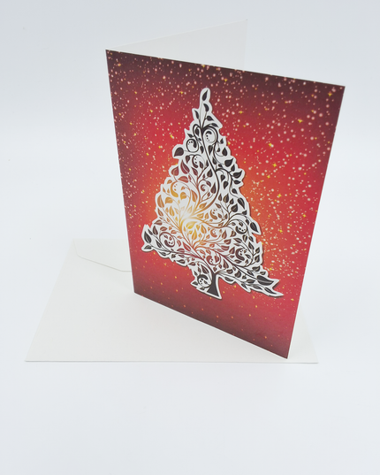 Wenskaart kerstboom rood goud (F13015)