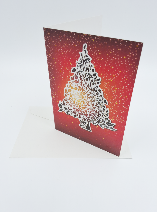 Wenskaart kerstboom rood goud (F13015)