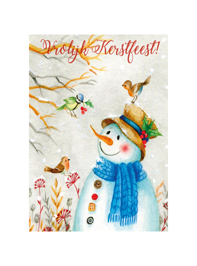 Wenskaart sneeuwman met vogels (F13093)