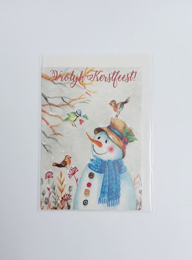 Wenskaart sneeuwman met vogels (F13093)