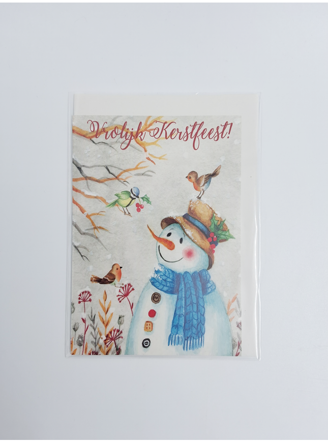 Wenskaart sneeuwman met vogels (F13093)