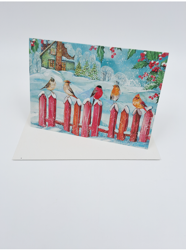 Wenskaart vogeltjes op hek (F13113)