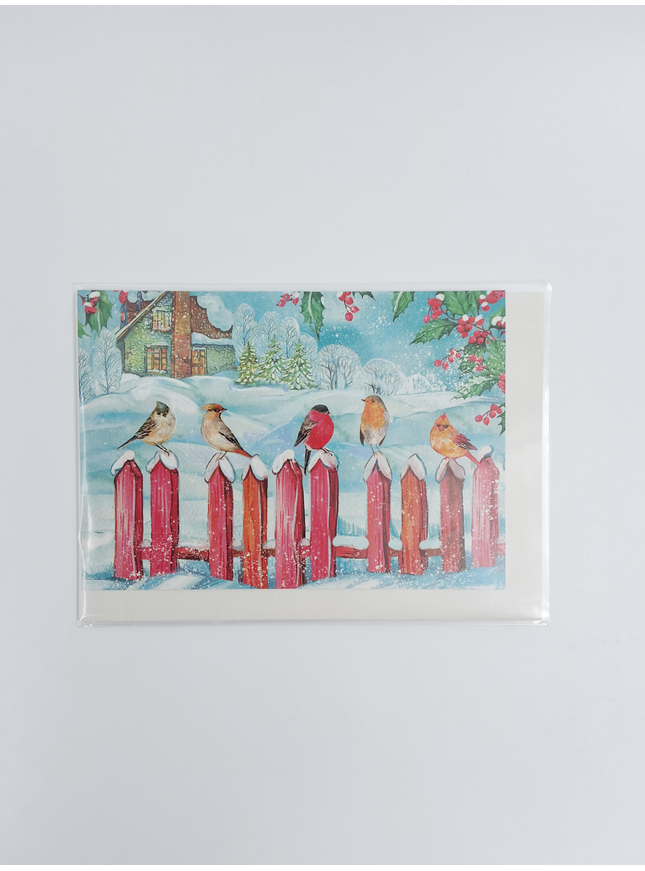 Wenskaart vogeltjes op hek (F13113)