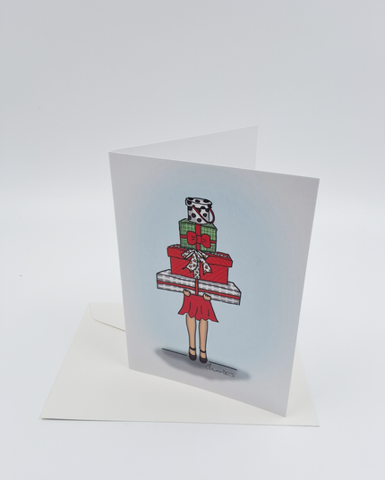 Wenskaart eco-lam. Meisje met cadeautjes (F13944)
