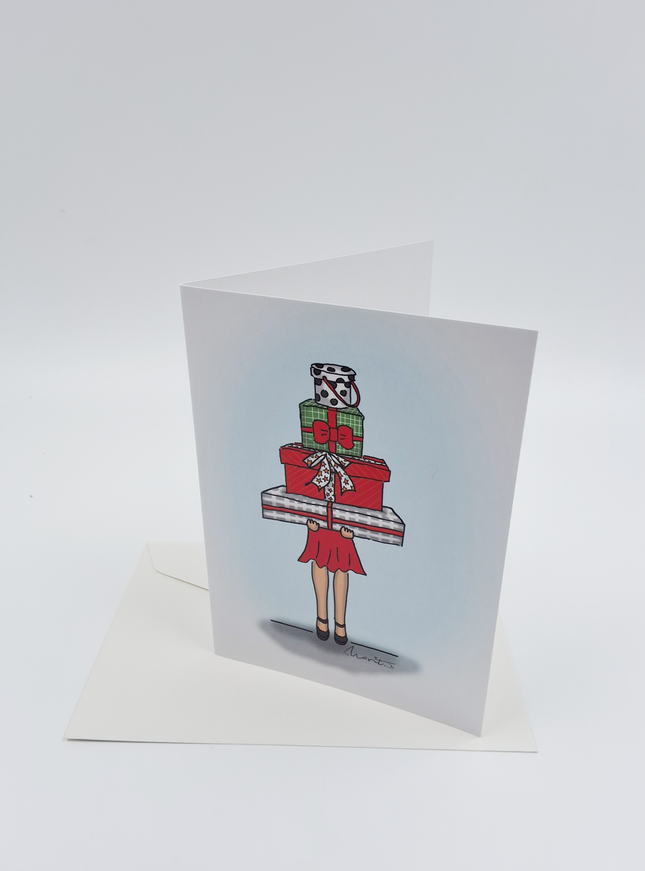 Wenskaart eco-lam. Meisje met cadeautjes (F13944)