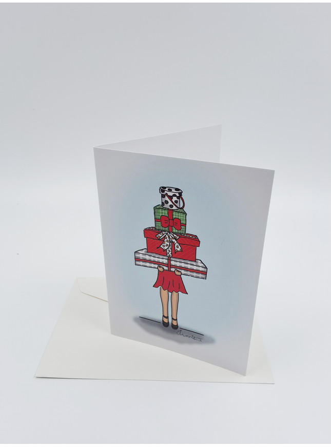 Wenskaart eco-lam. Meisje met cadeautjes (F13944)