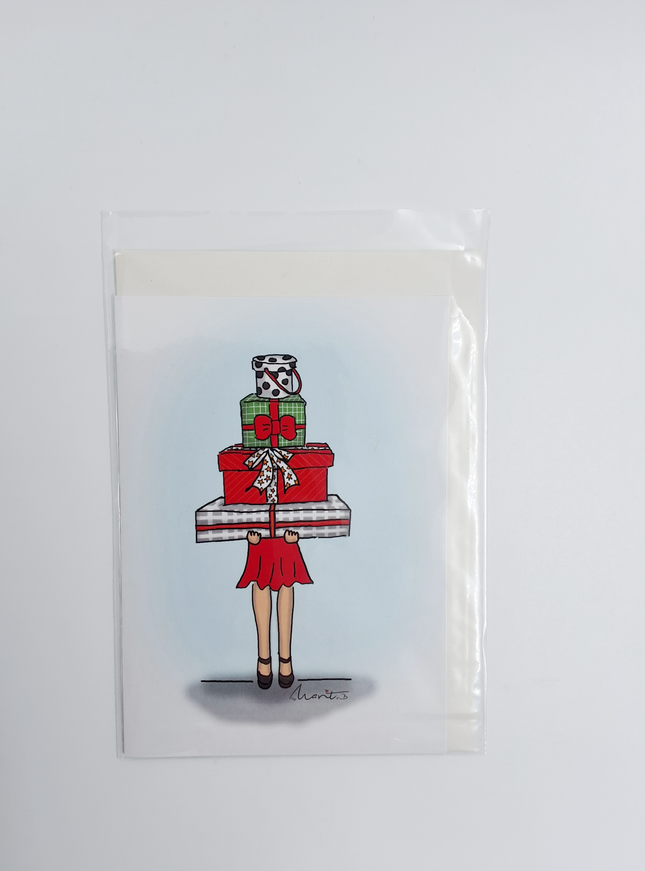 Wenskaart eco-lam. Meisje met cadeautjes (F13944)