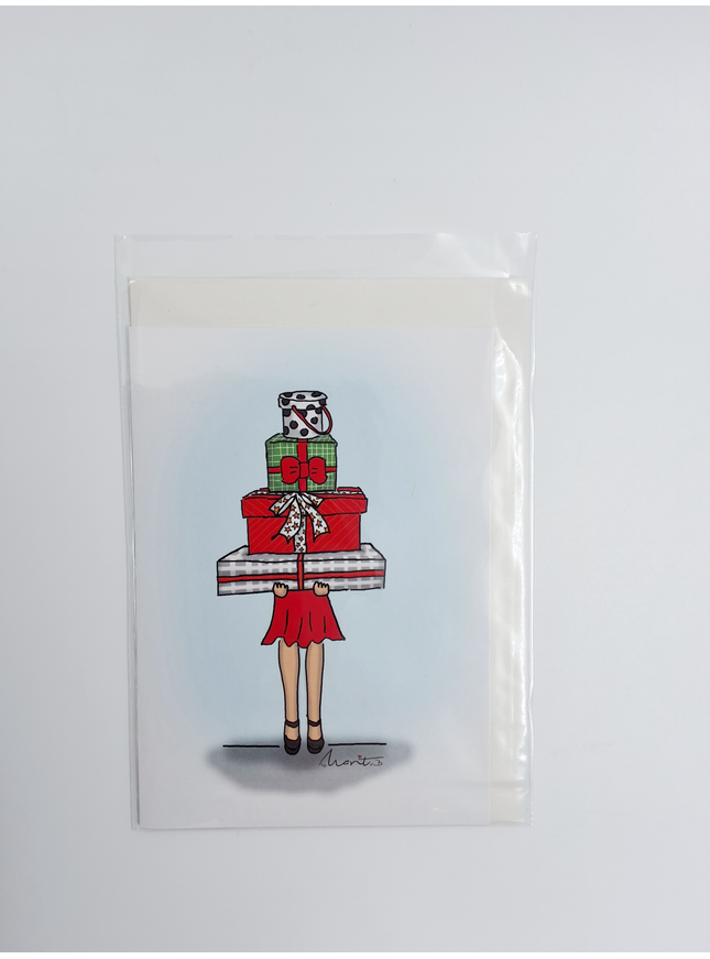 Wenskaart eco-lam. Meisje met cadeautjes (F13944)