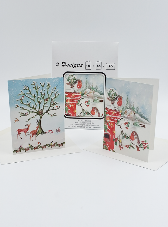 Kerstkaarten tasje 20x vogels en dieren (F13097 + F13098)
