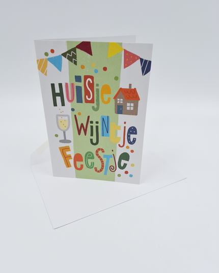Wenskaart huisje, wijntje, feestje (F15026)