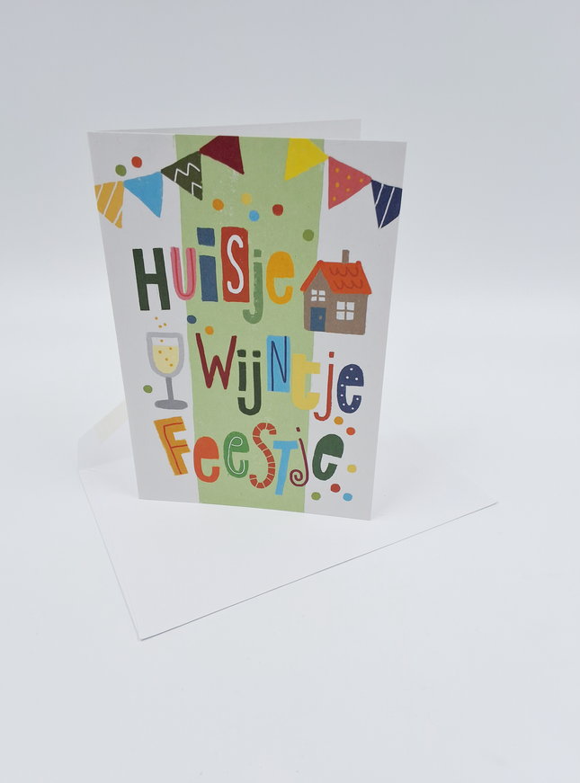 Wenskaart huisje, wijntje, feestje (F15026)