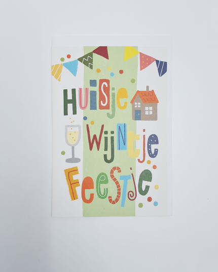 Wenskaart huisje, wijntje, feestje (F15026)