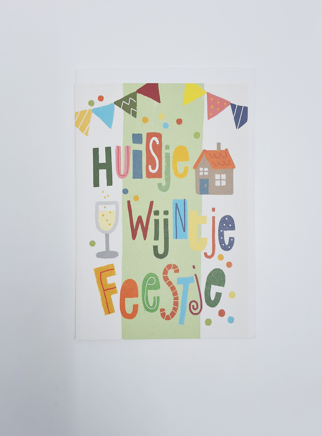 Wenskaart huisje, wijntje, feestje (F15026)