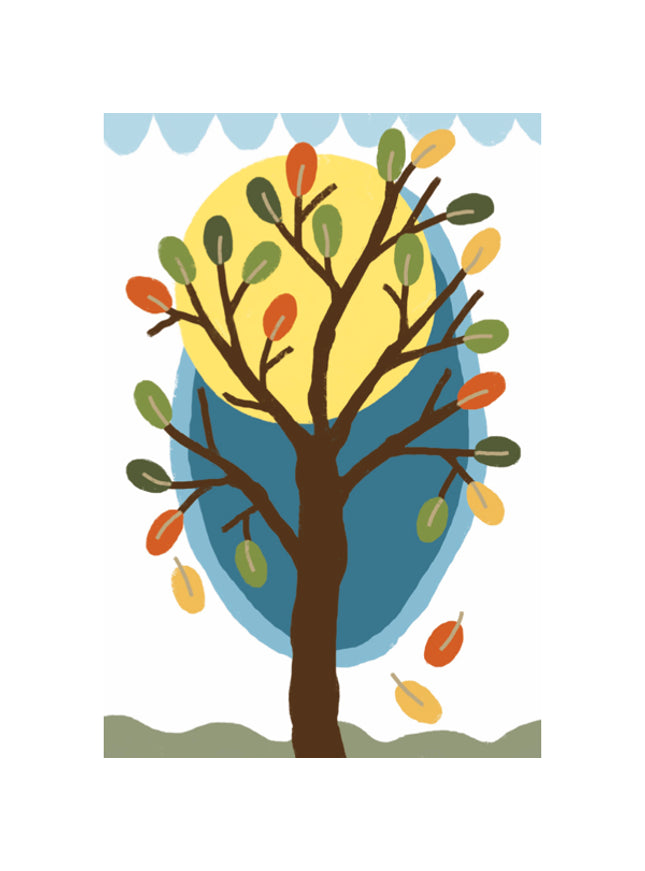 Greeting card moon, tree, leaves (F15042)