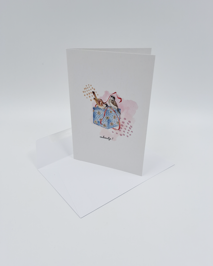 wenskaart vogeltjes en cadeau (F15224)