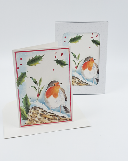 Christmas card box 10x robin holly (F12881)