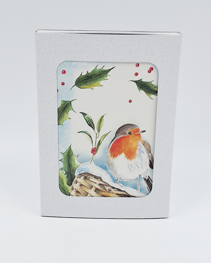 Christmas card box 10x robin holly (F12881)