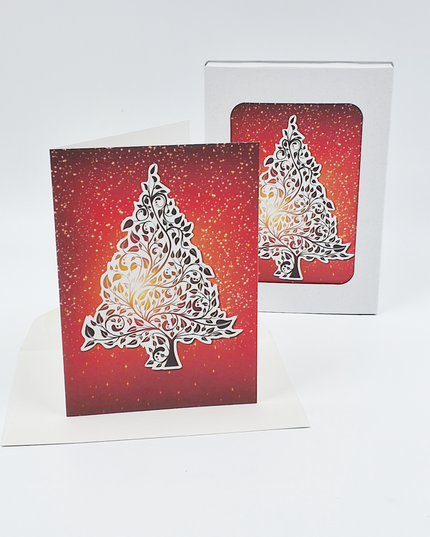 Christmas card box 10x Christmas tree red gold (F13015)