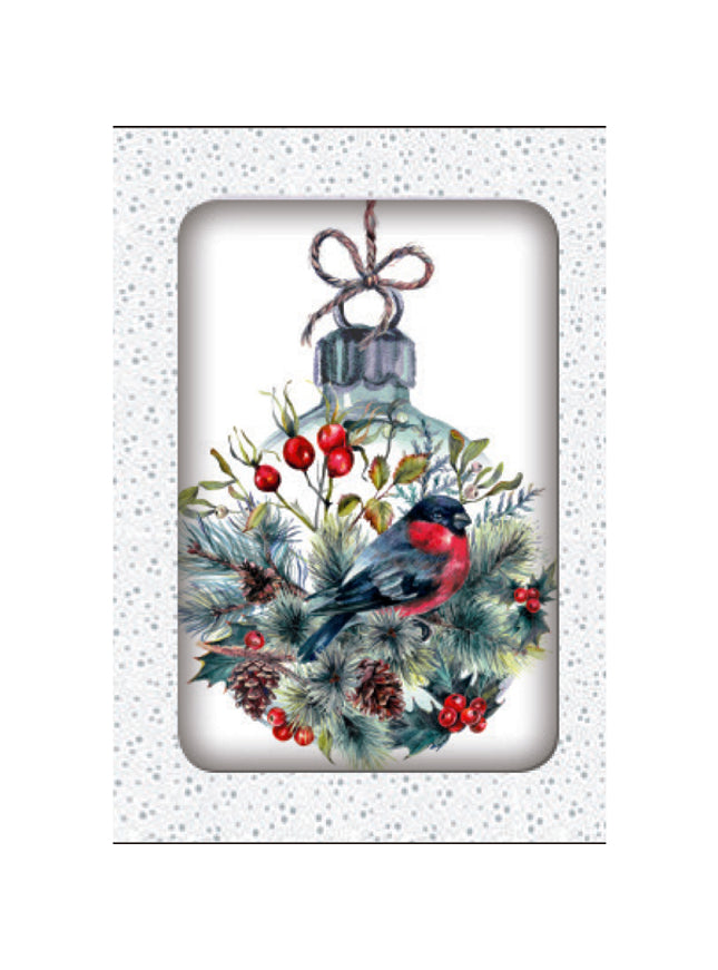 Kerstkaarten doosje 10x kerstbal met vogel (F13037)