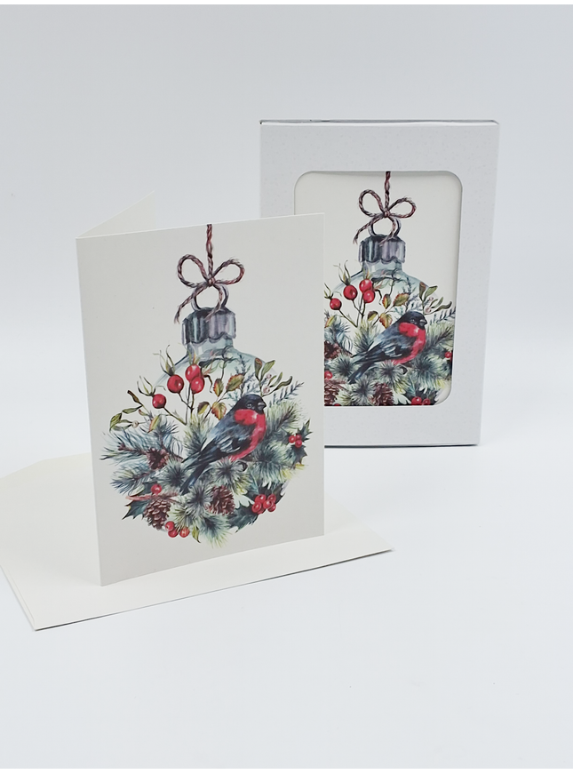 Kerstkaarten doosje 10x kerstbal met vogel (F13037)