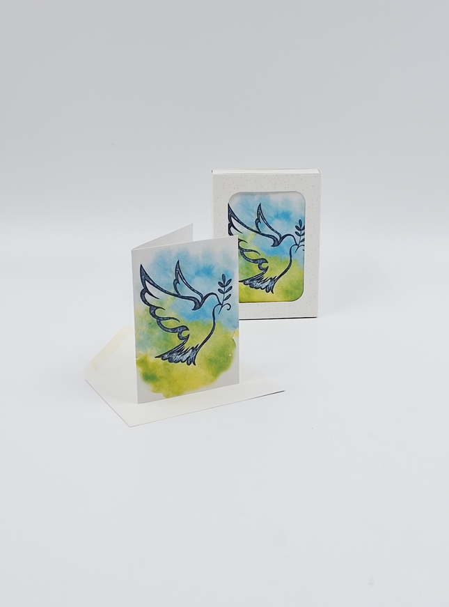 Kerstkaarten doosje 12x duif blauw groen